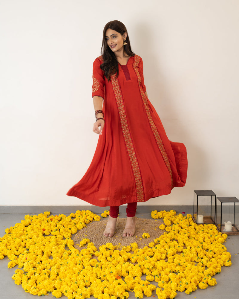 Veena - Red Orange Silk Anarkali Dress