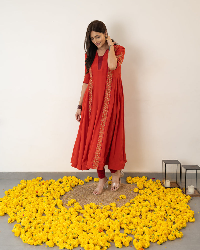 Veena - Red Orange Silk Anarkali Dress