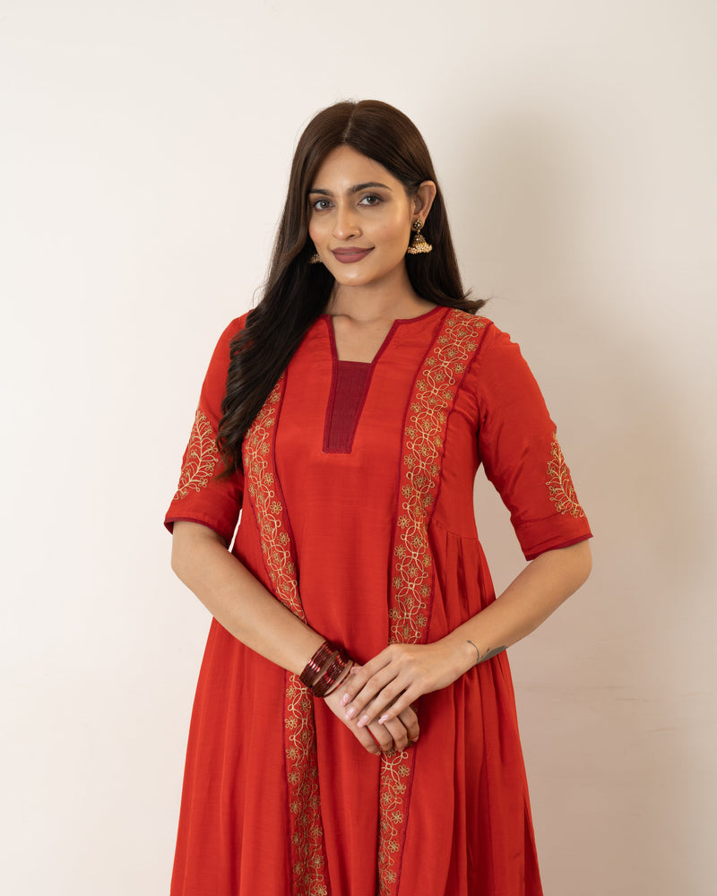 Veena - Red Orange Silk Anarkali Dress