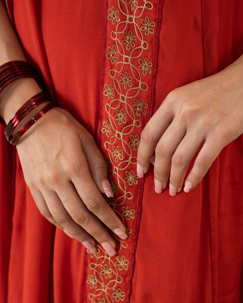 Veena - Red Orange Silk Anarkali Dress