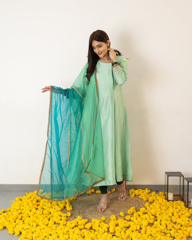 Sayli - Blue Green Aqua Silk Anarkali Dress