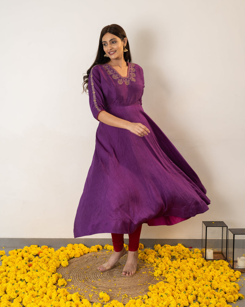 Sumohi - Purple Violet Silk Anarkali Dress