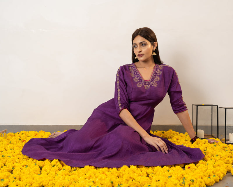 Sumohi - Purple Violet Silk Anarkali Dress