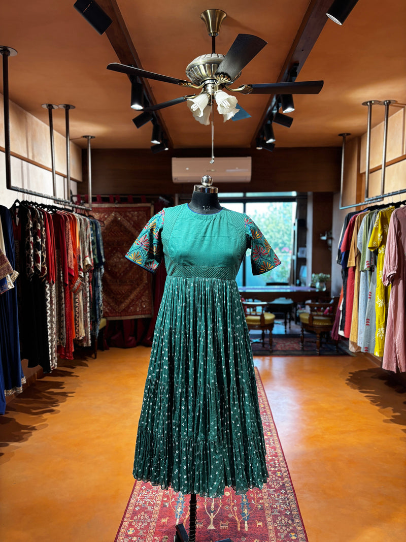 Emerald Bloom - Blue Green Aqua Mulmul Cotton Anarkali Ghera Dress