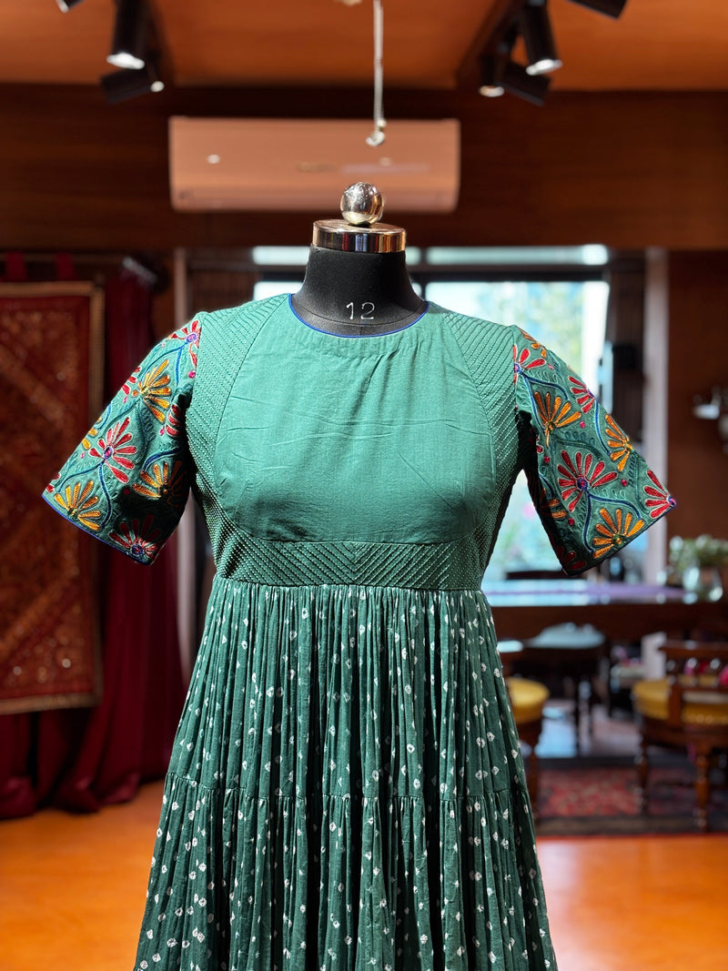 Emerald Bloom - Blue Green Aqua Mulmul Cotton Anarkali Ghera Dress