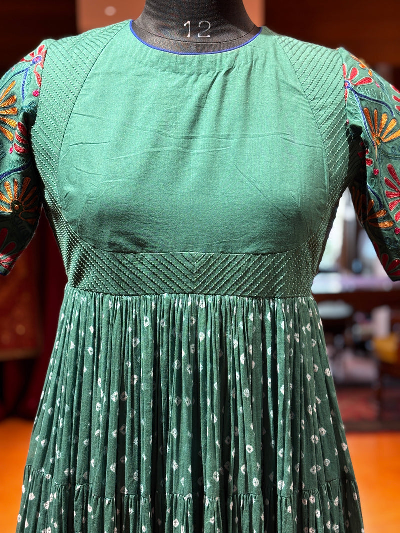 Emerald Bloom - Blue Green Aqua Mulmul Cotton Anarkali Ghera Dress