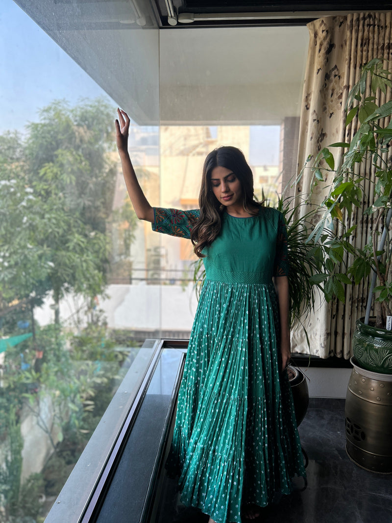 Emerald Bloom - Blue Green Aqua Mulmul Cotton Anarkali Ghera Dress
