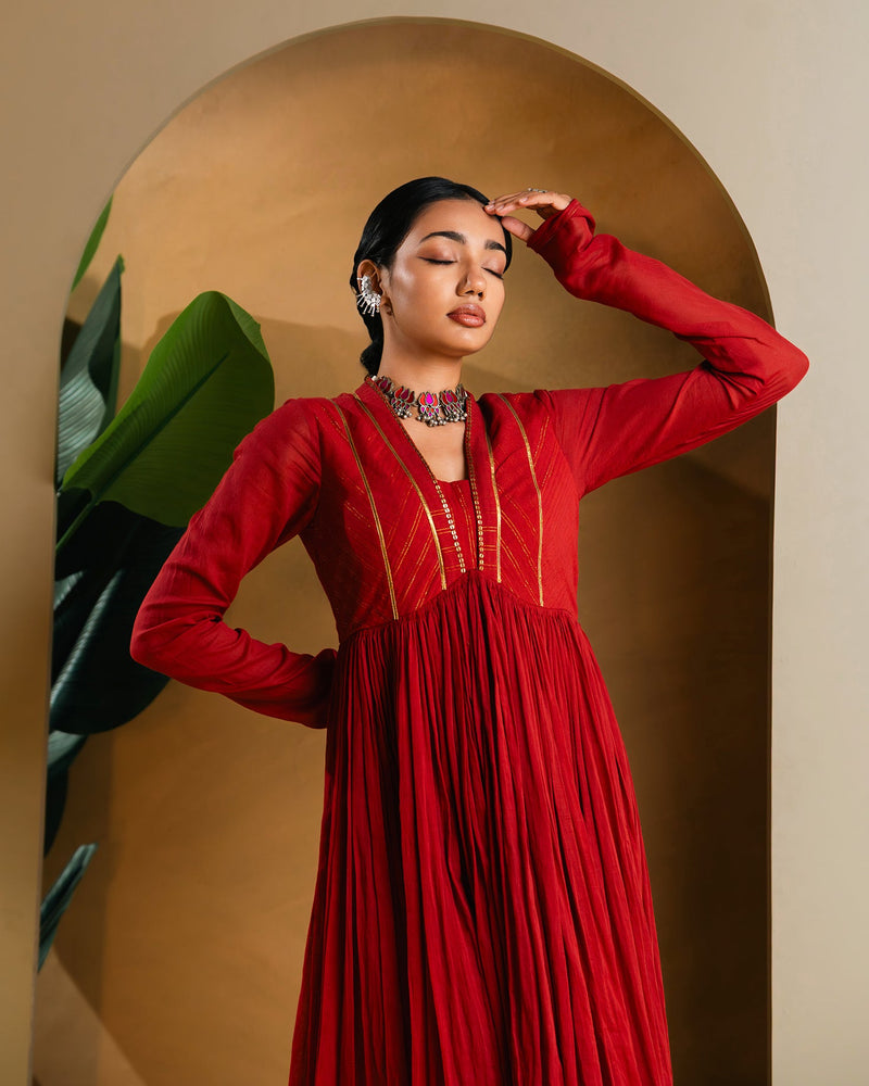Red Golden Dobby Cotton Anarkali Dress