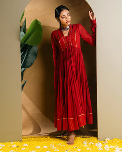 Red Golden Dobby Cotton Anarkali Dress