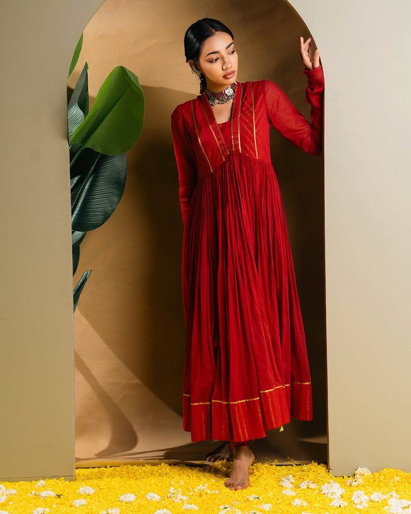 Red Golden Dobby Cotton Anarkali Dress