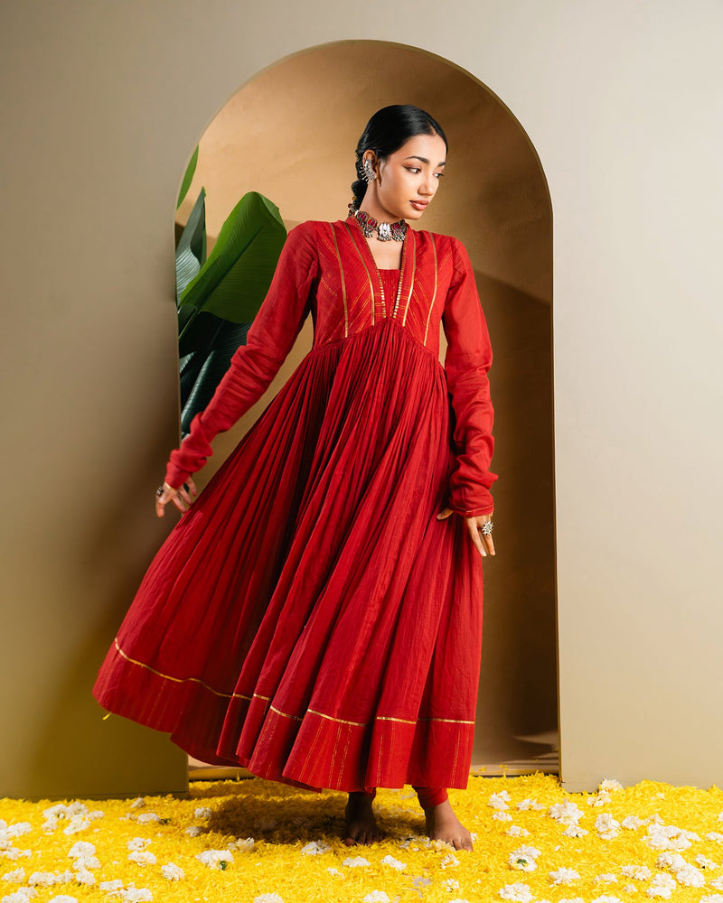 Red Golden Dobby Cotton Anarkali Dress