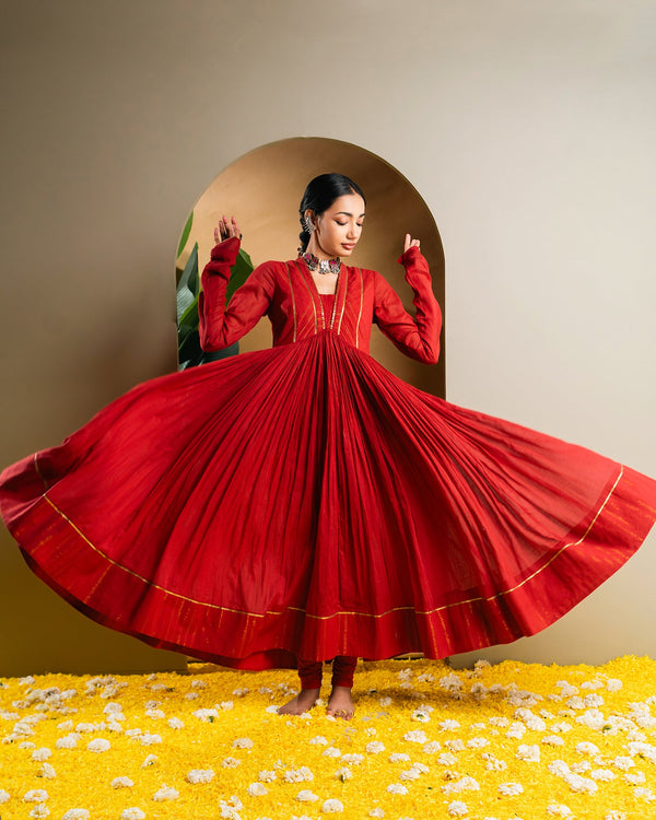 Red Golden Dobby Cotton Anarkali Dress
