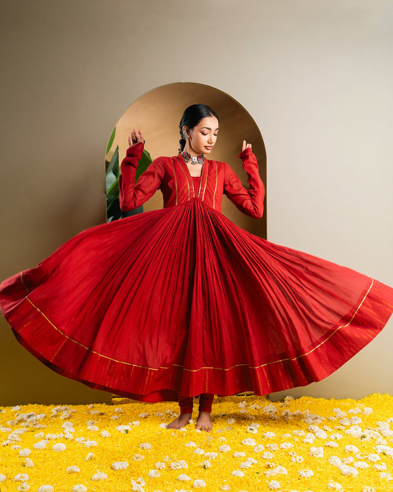 Red Golden Dobby Cotton Anarkali Dress