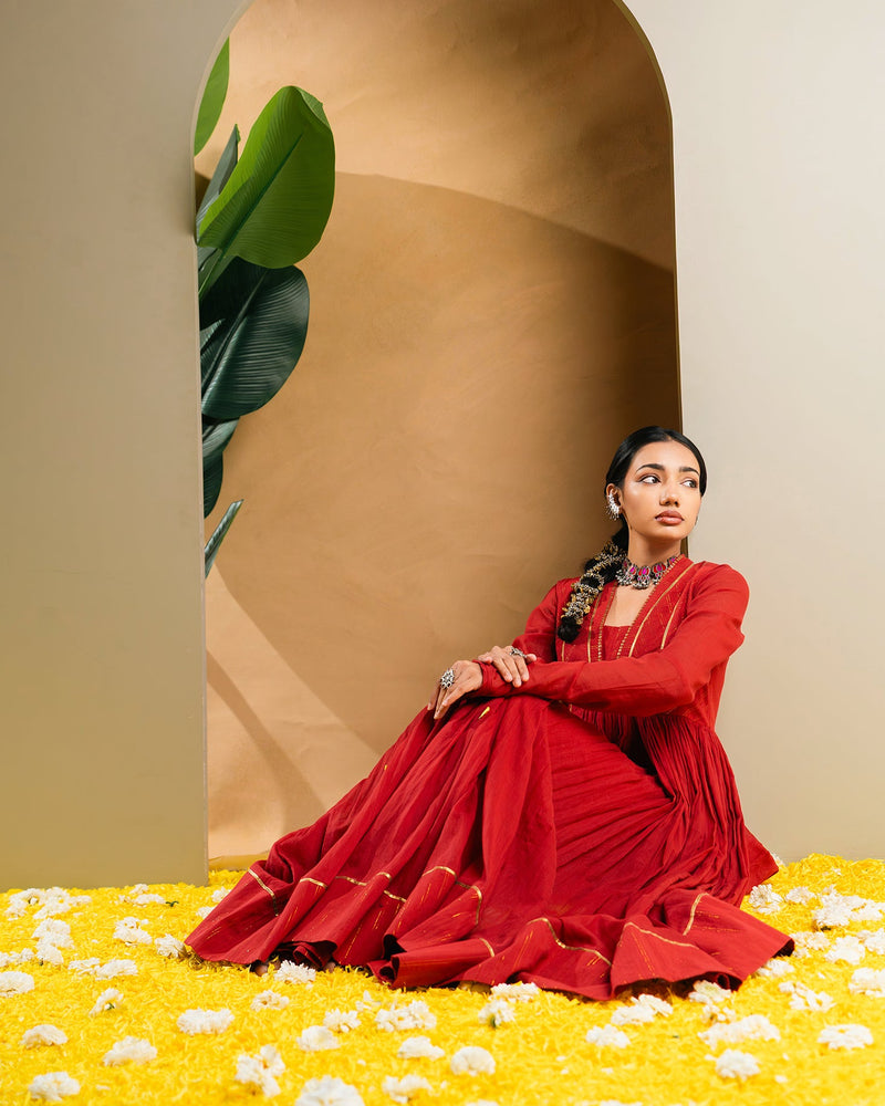 Red Golden Dobby Cotton Anarkali Dress