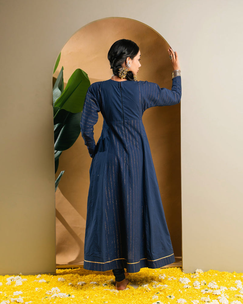 Navyblue Golden Dobby Cotton Anarkali Dress