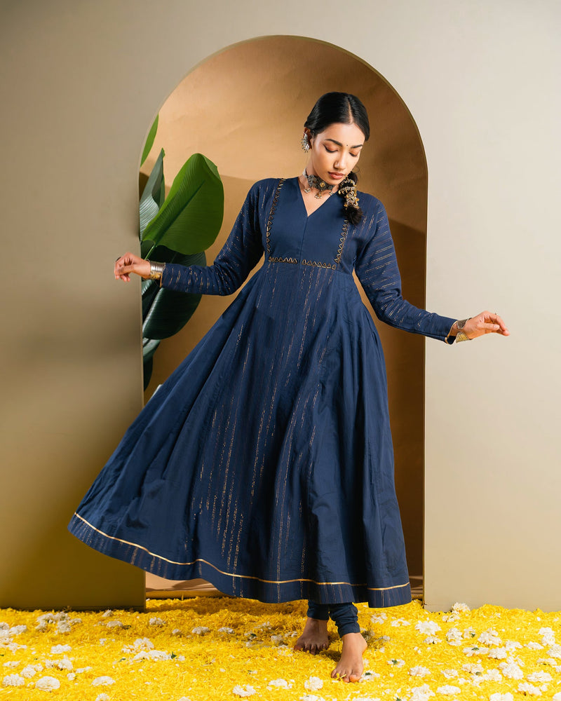 Navyblue Golden Dobby Cotton Anarkali Dress