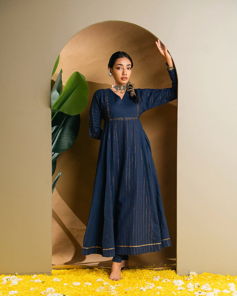 Navyblue Golden Dobby Cotton Anarkali Dress
