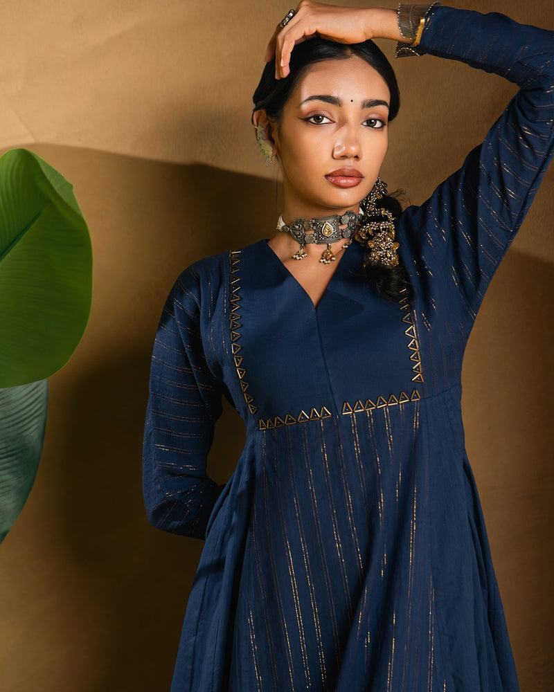 Navyblue Golden Dobby Cotton Anarkali Dress