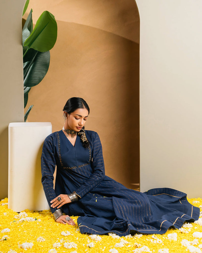 Navyblue Golden Dobby Cotton Anarkali Dress