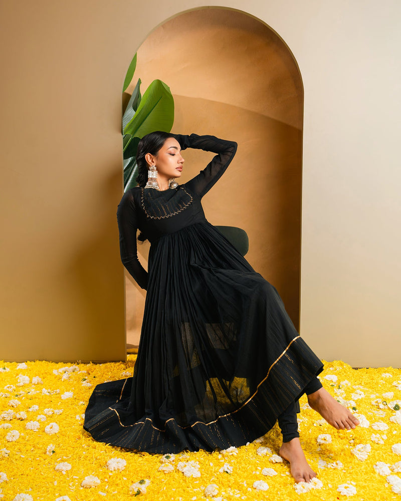 Black Golden Dobby Cotton Anarkali Dress