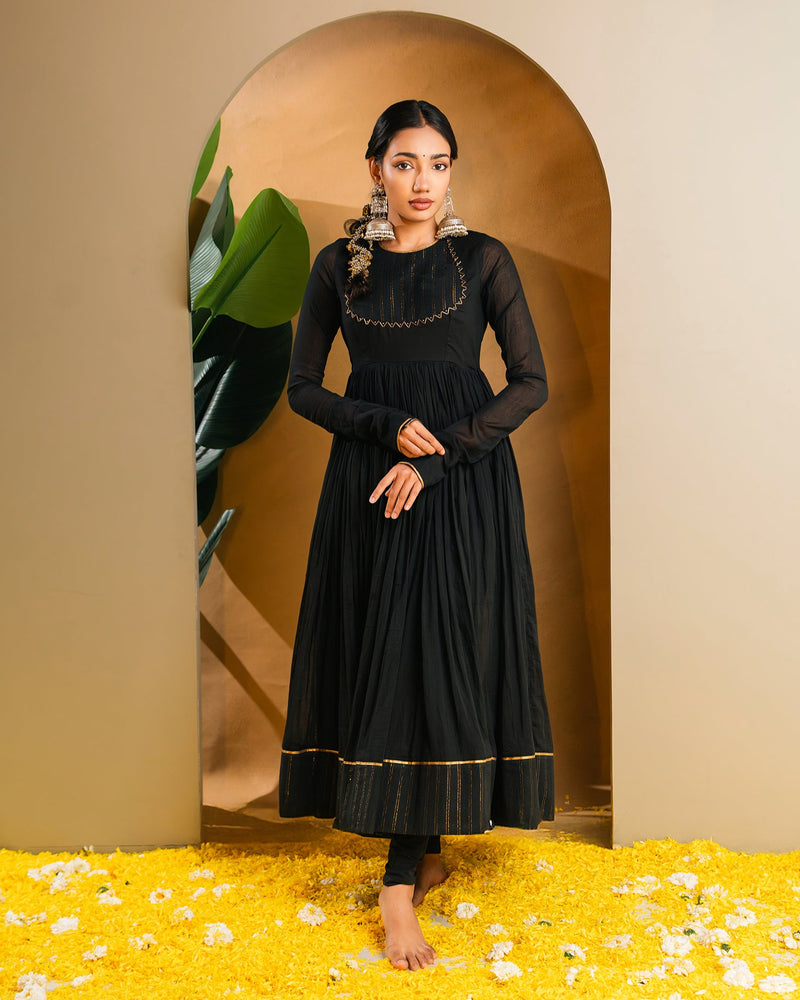 Black Golden Dobby Cotton Anarkali Dress