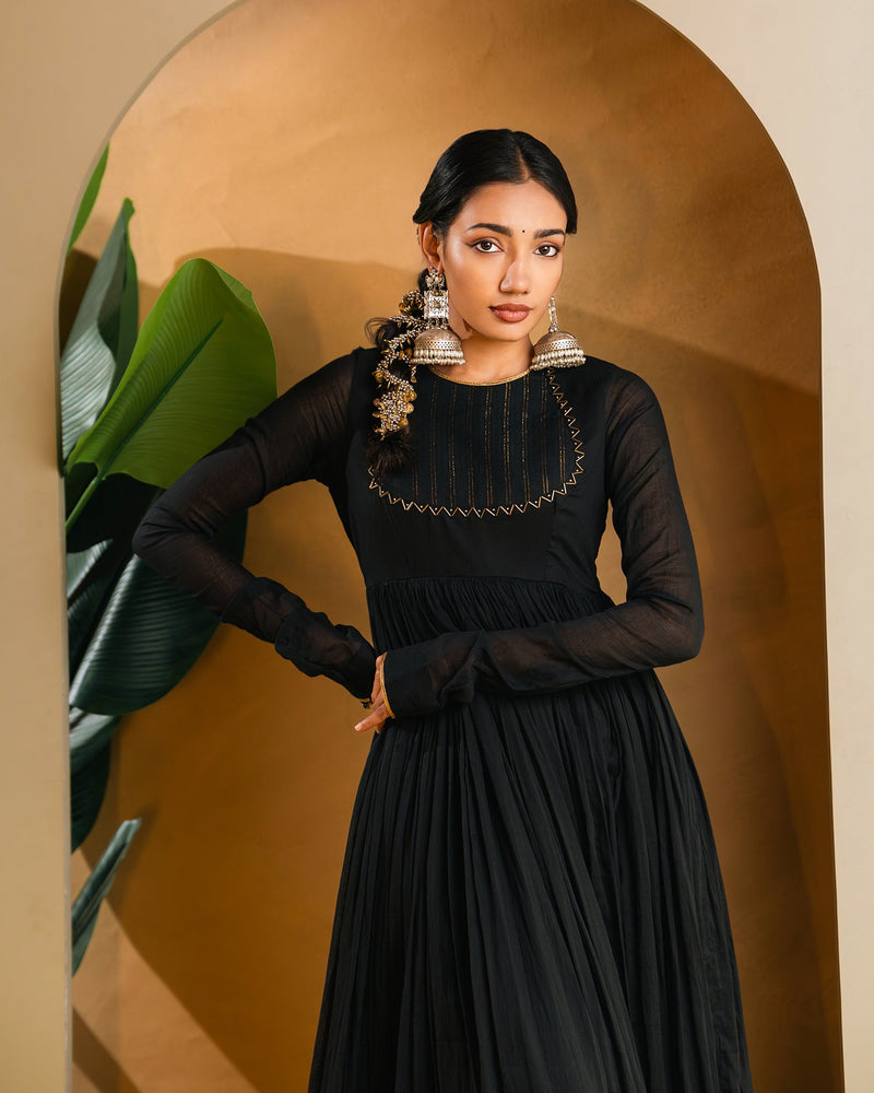Black Golden Dobby Cotton Anarkali Dress