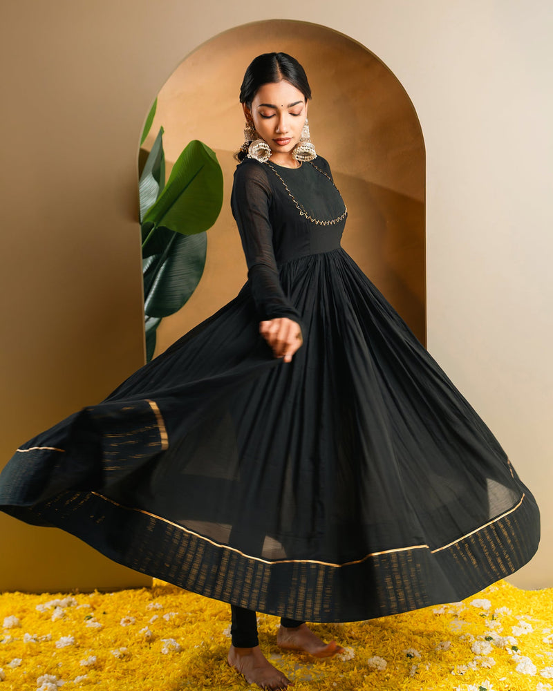 Black Golden Dobby Cotton Anarkali Dress