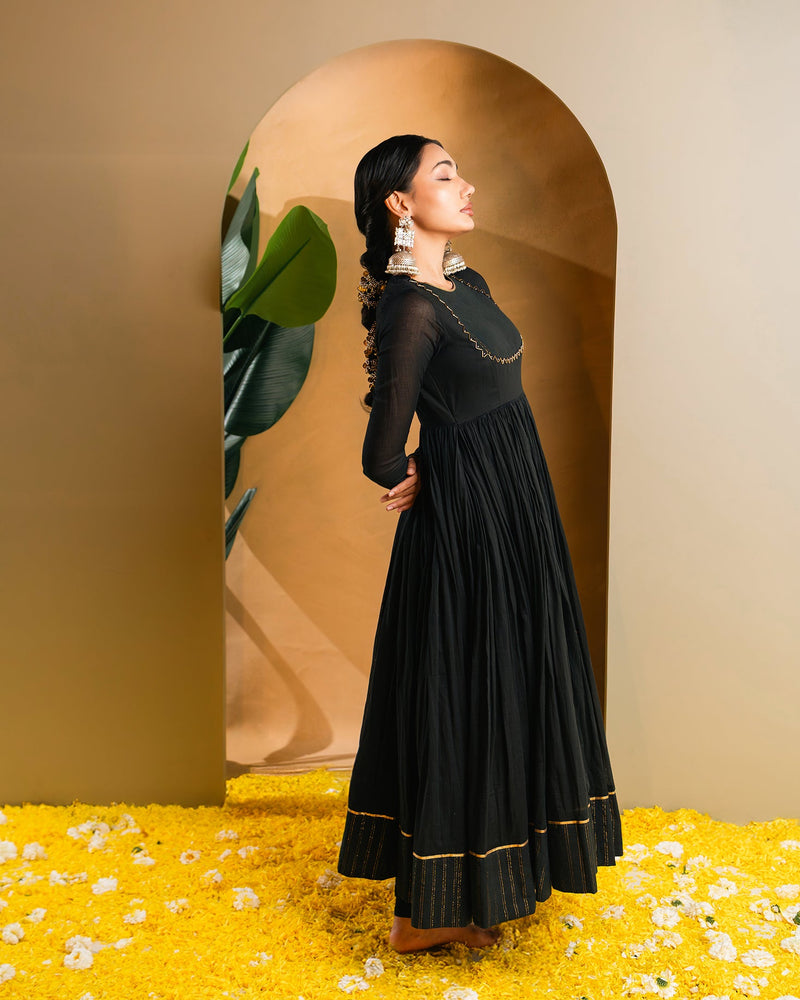 Black Golden Dobby Cotton Anarkali Dress
