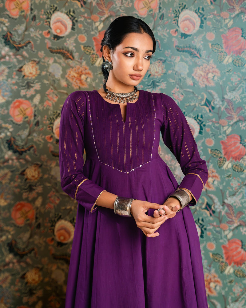 Purple Golden Dobby Cotton Anarkali Dress