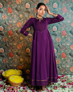 Purple Golden Dobby Cotton Anarkali Dress