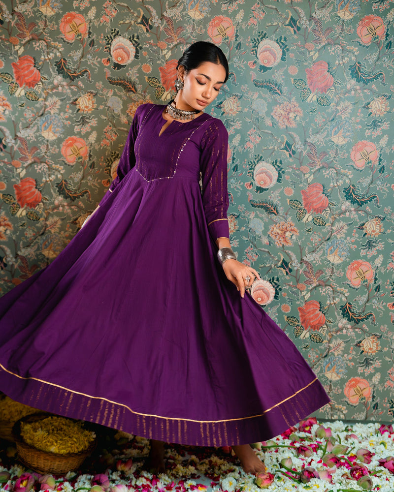 Purple Golden Dobby Cotton Anarkali Dress