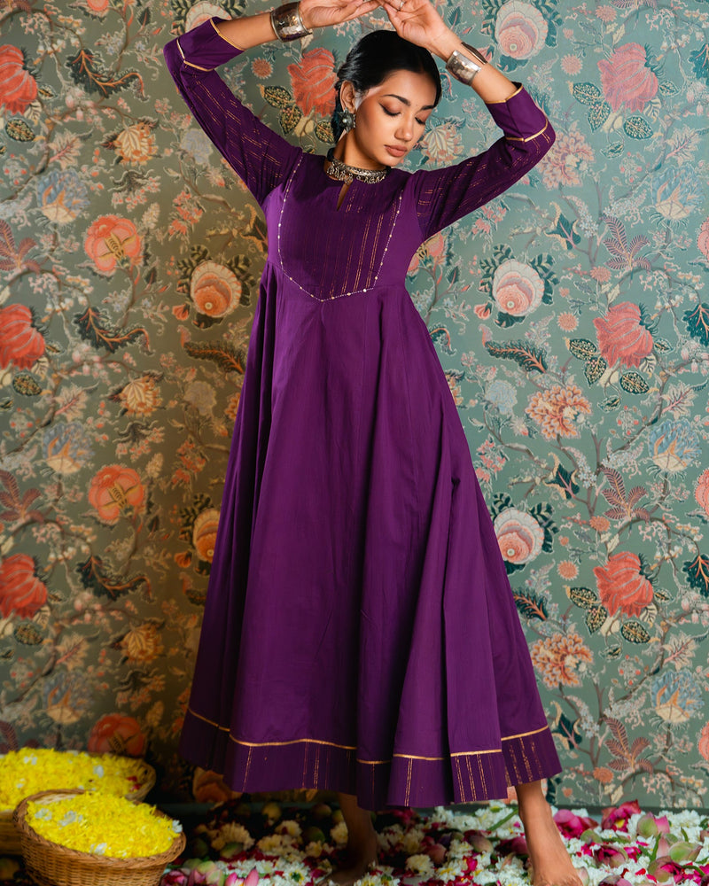 Purple Golden Dobby Cotton Anarkali Dress