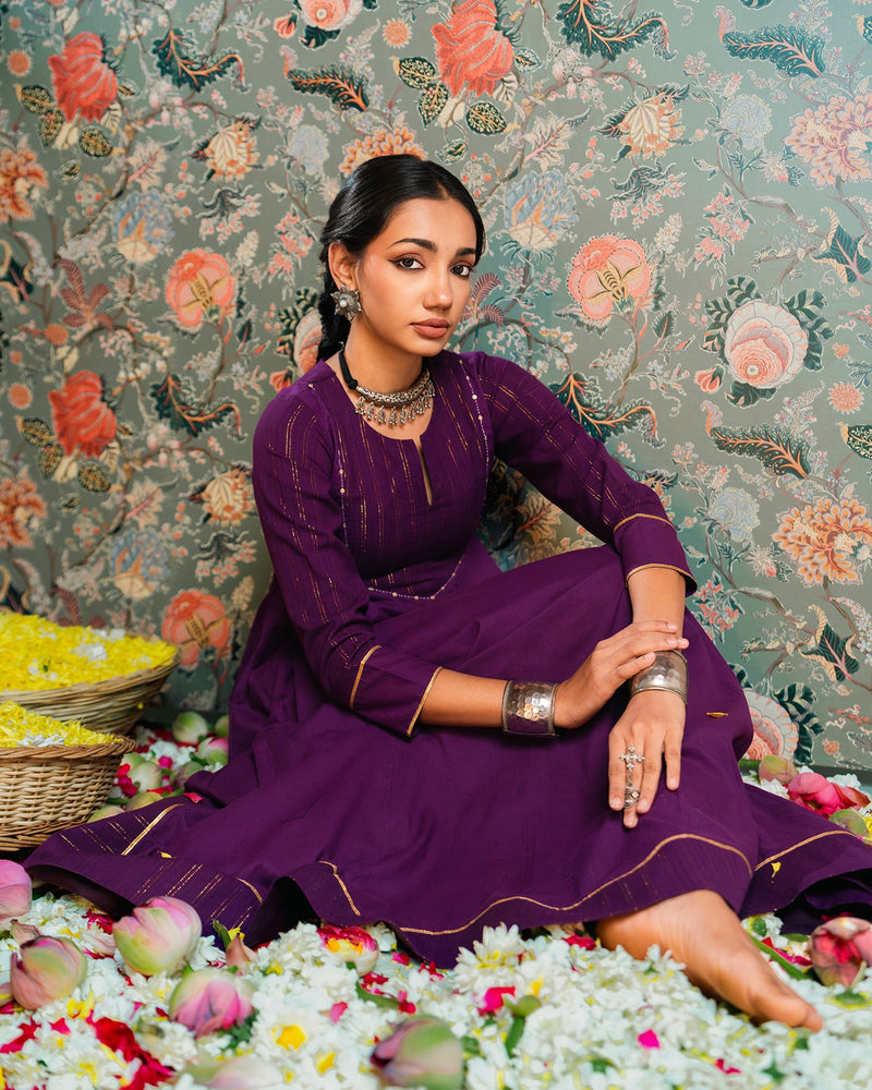Purple Golden Dobby Cotton Anarkali Dress