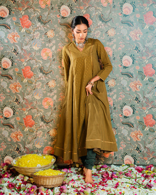Olive Green Golden Dobby Cotton Anarkali Dress