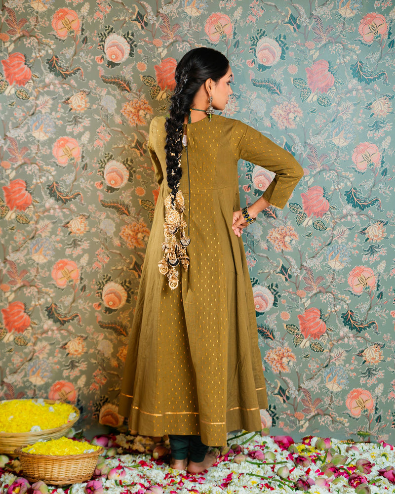 Olive Green Golden Dobby Cotton Anarkali Dress