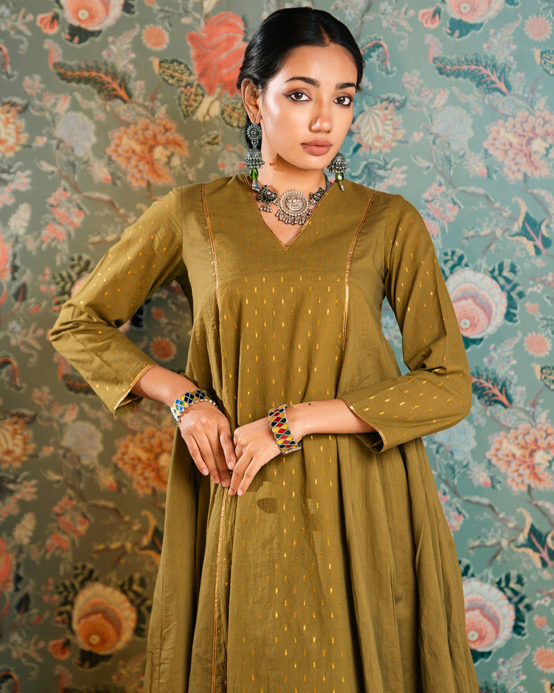 Olive Green Golden Dobby Cotton Anarkali Dress