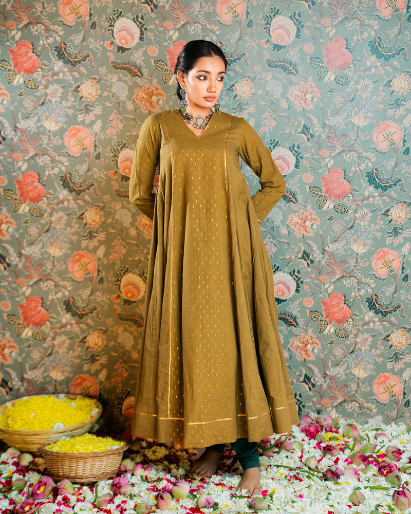 Olive Green Golden Dobby Cotton Anarkali Dress