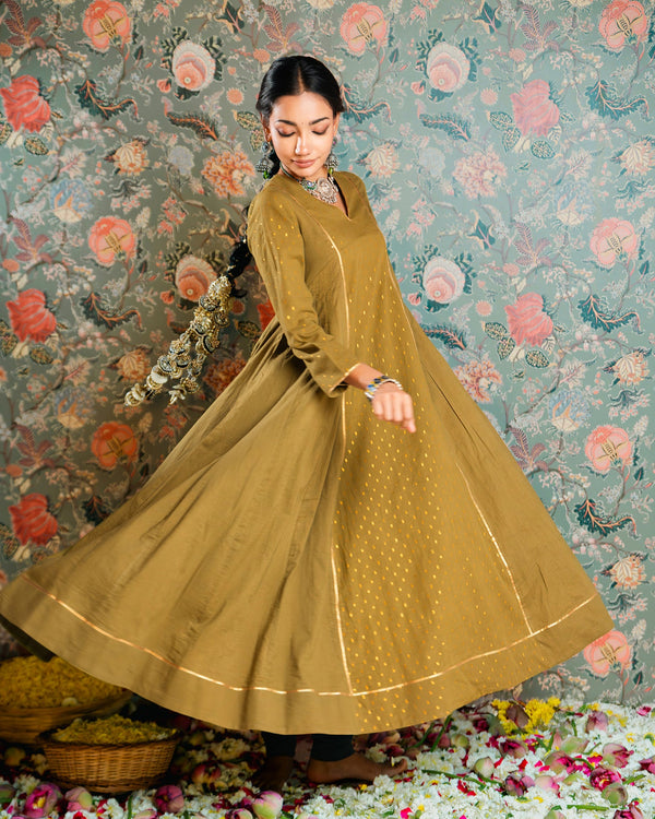 Olive Green Golden Dobby Cotton Anarkali Dress