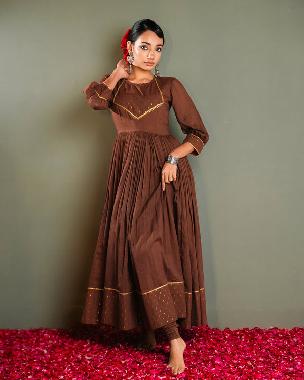 Brown Golden Dobby Cotton Anarkali Dress
