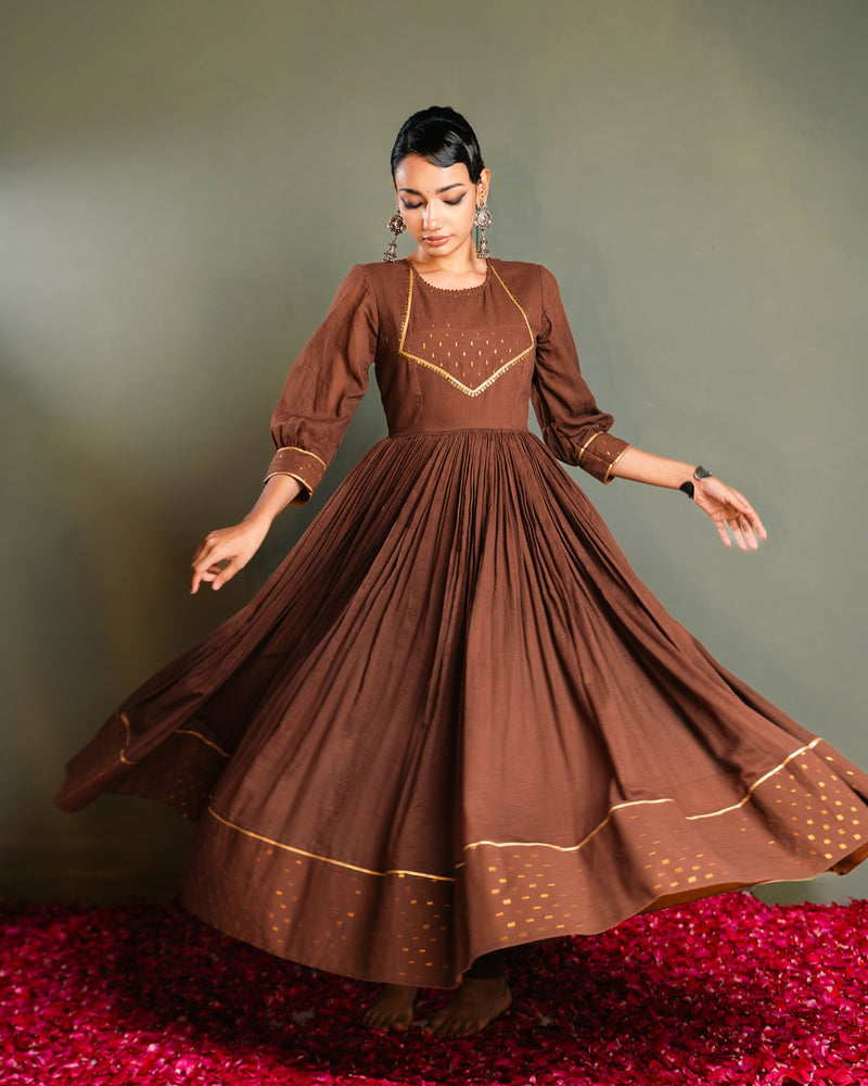 Brown Golden Dobby Cotton Anarkali Dress