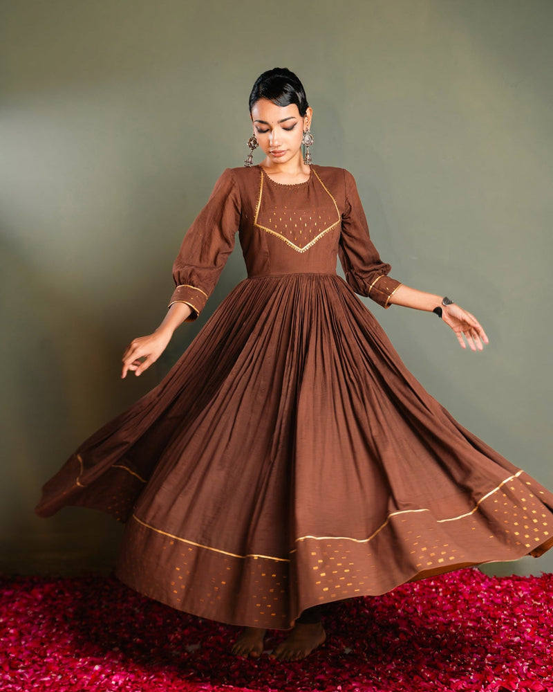 Brown Golden Dobby Cotton Anarkali Dress