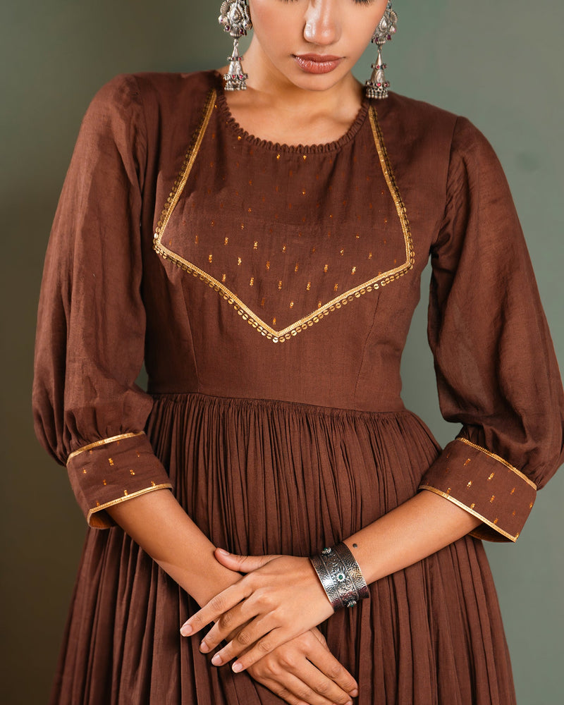 Brown Golden Dobby Cotton Anarkali Dress