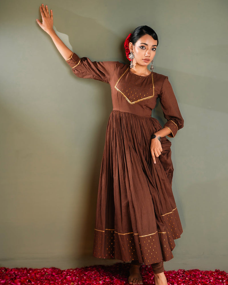 Brown Golden Dobby Cotton Anarkali Dress