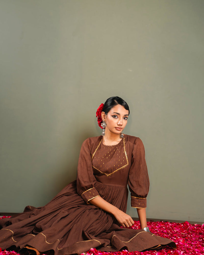 Brown Golden Dobby Cotton Anarkali Dress