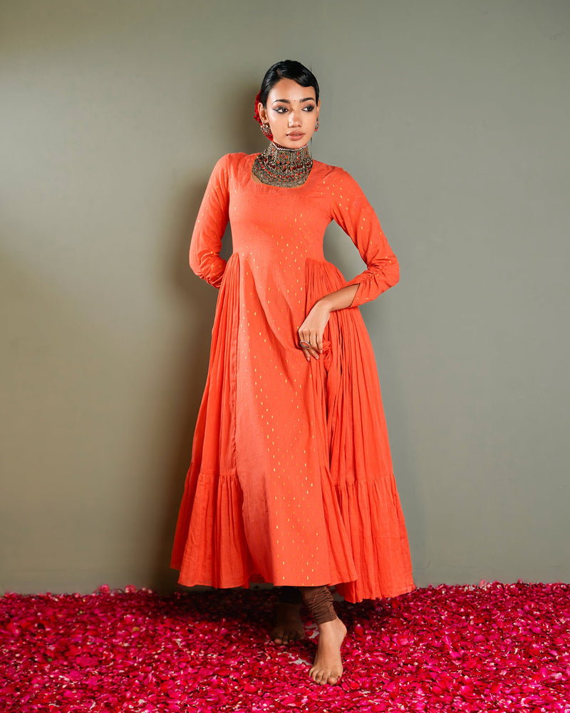 Peach Golden Dobby Cotton Anarkali Dress
