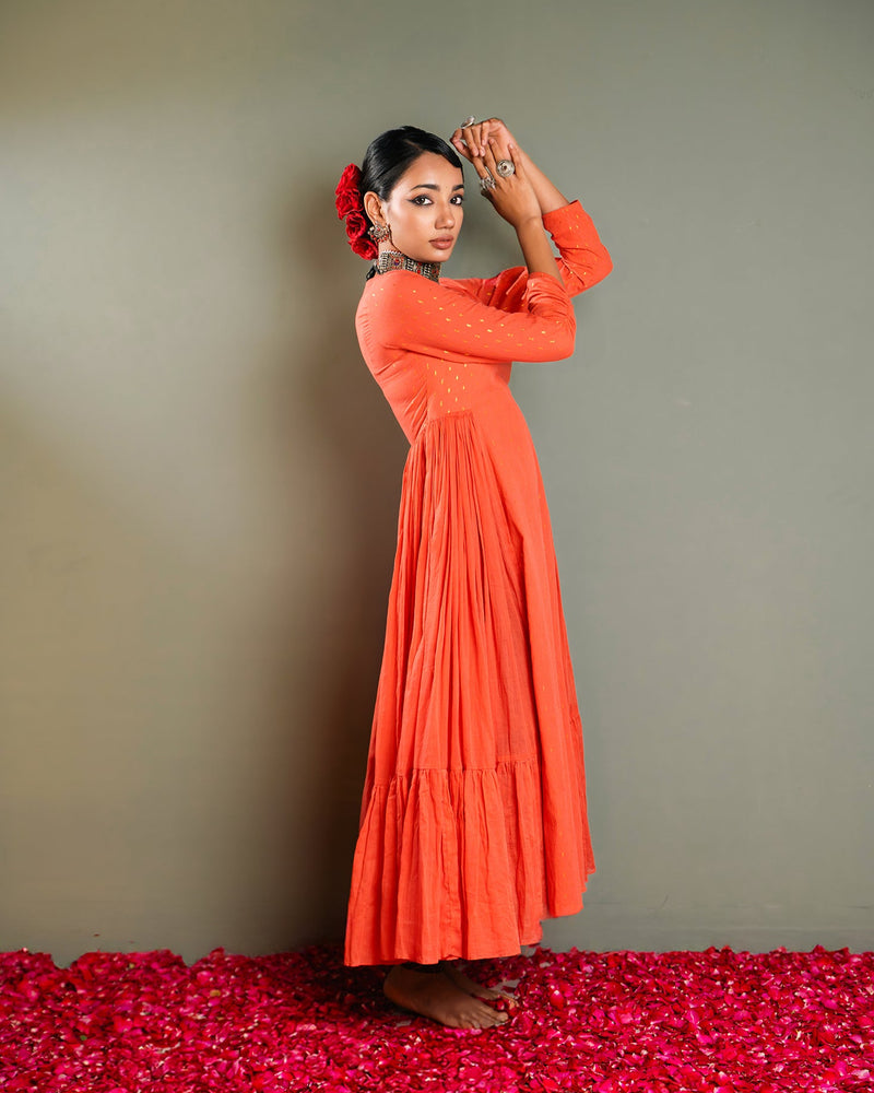 Peach Golden Dobby Cotton Anarkali Dress