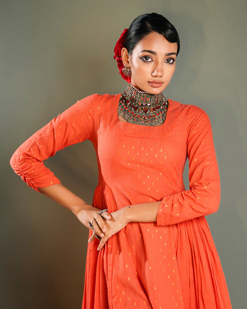 Peach Golden Dobby Cotton Anarkali Dress