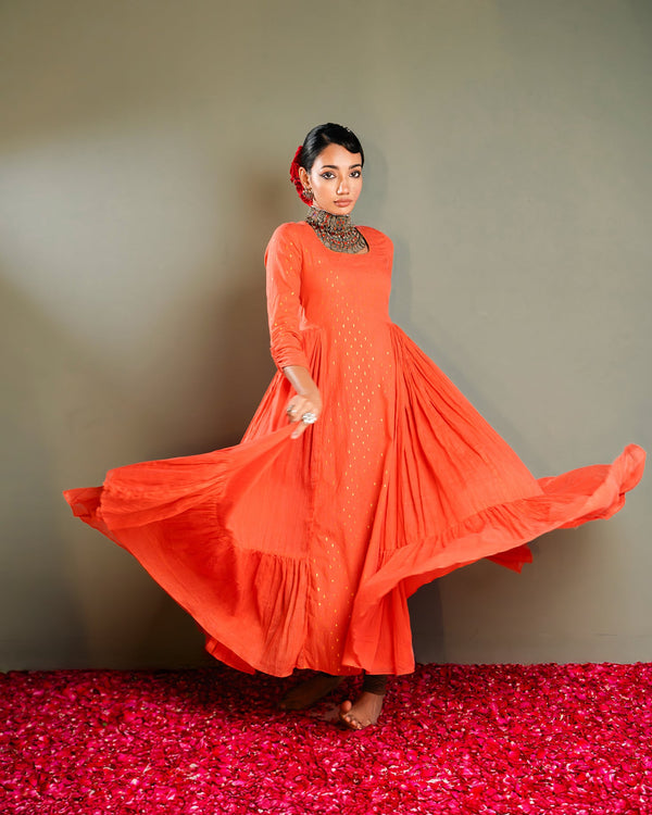 Peach Golden Dobby Cotton Anarkali Dress