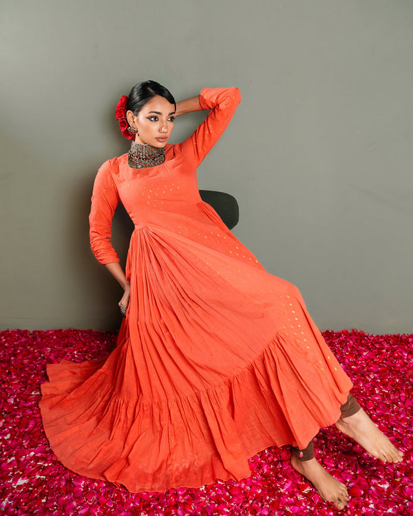 Peach Golden Dobby Cotton Anarkali Dress