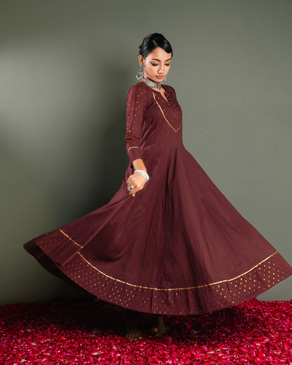 Wine Golden Dobby Cotton Anarkali Dress